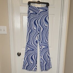 Zara Blue White High Waist Flare Slit Leg Pants Groovy Disco Linen